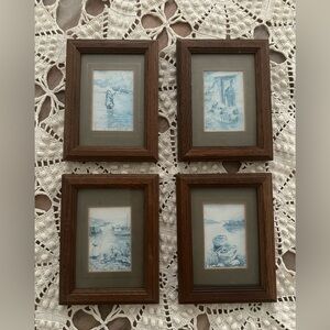 Vintage Set of Blue & White Prints in Wooden Frames